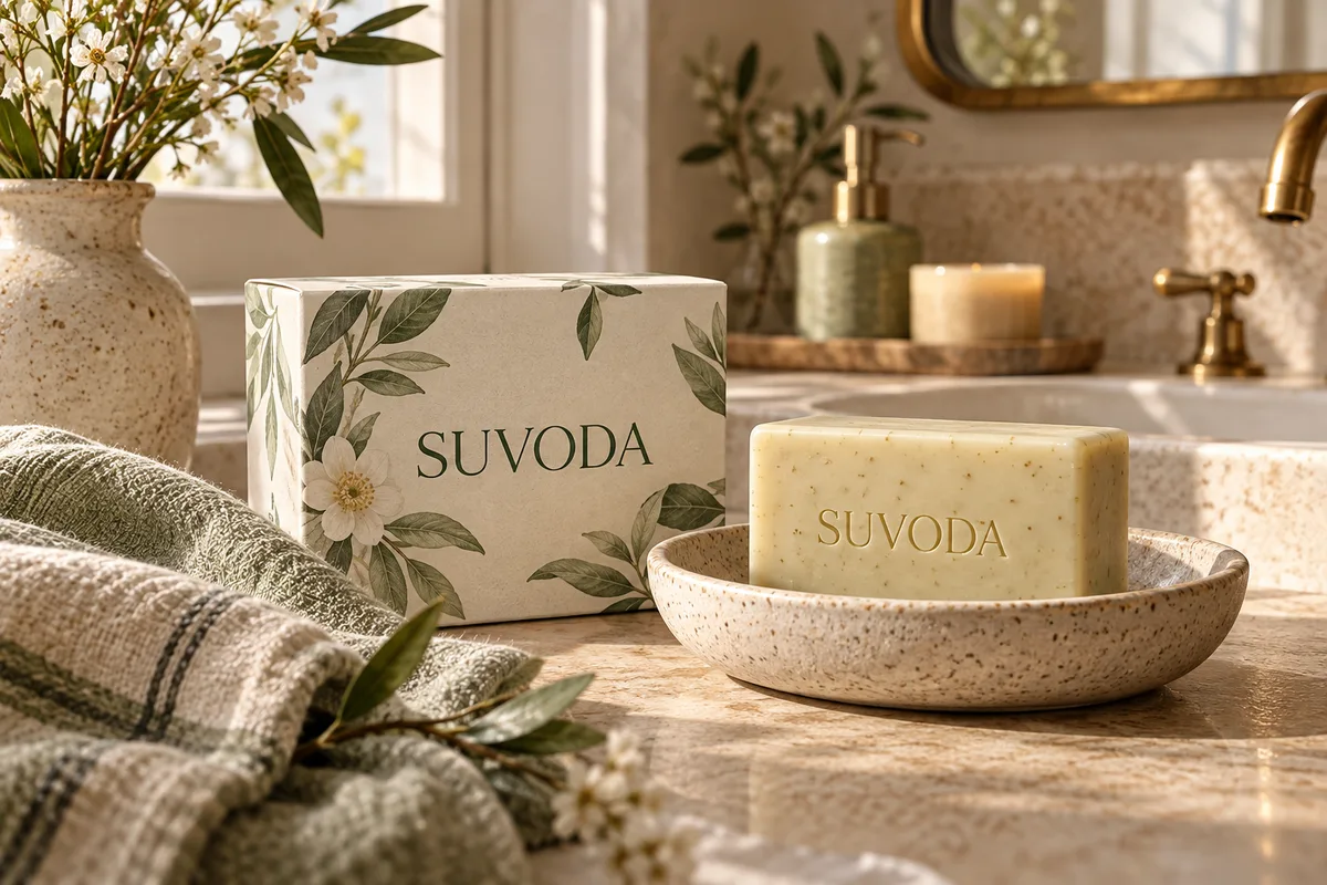 Soap and a linen towel in warm morning bathroom light