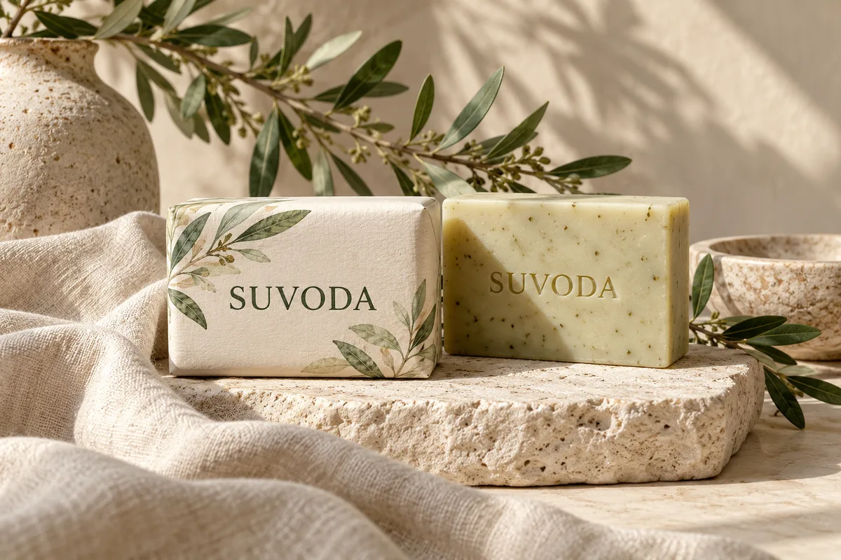Two soap bars on soft linen beside a botanical branch