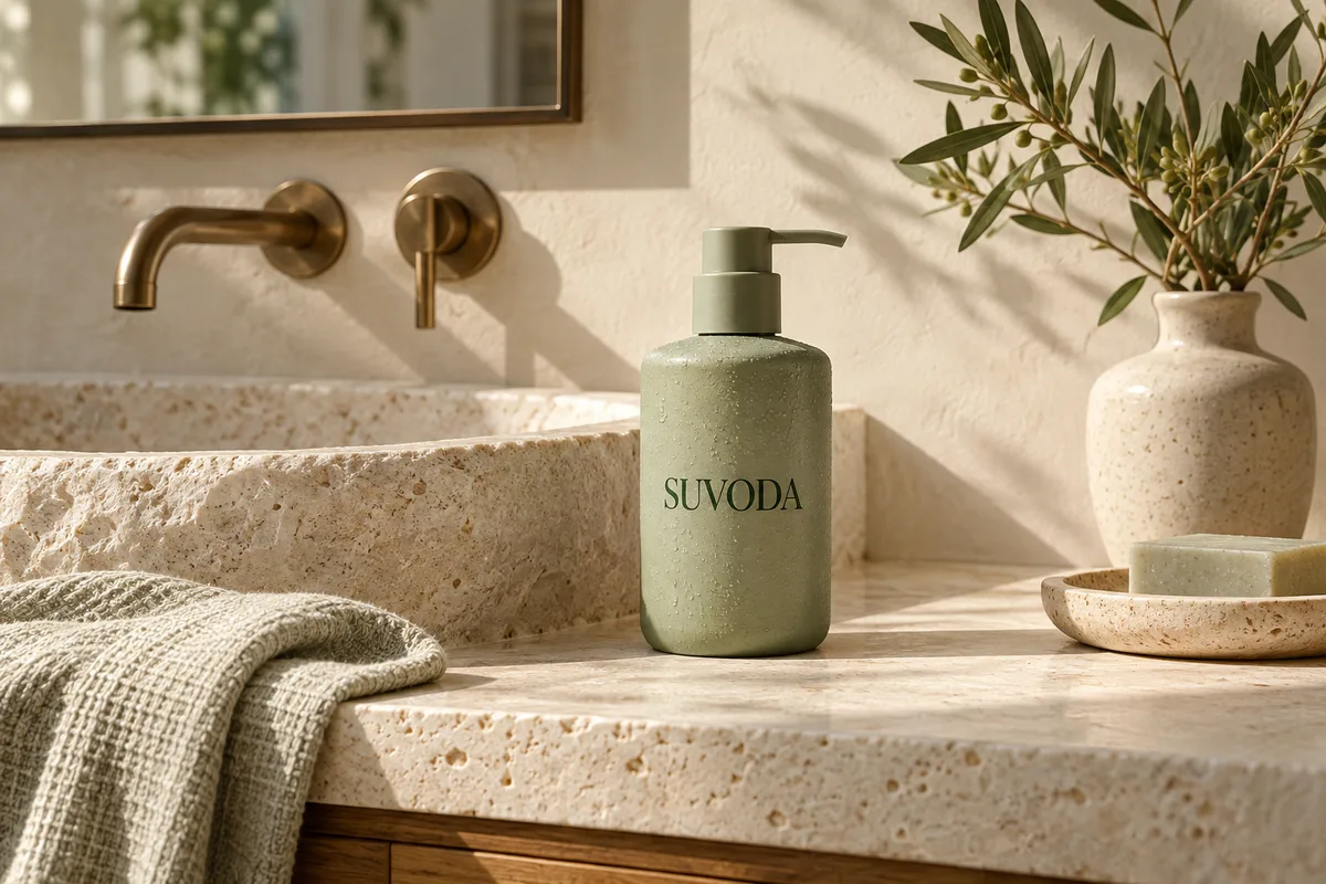 A quiet sunlit bathroom sink with SUVODA soap and a linen towel