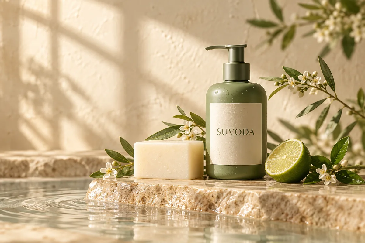SUVODA sage bottle and ivory soap with botanicals and sunlit water